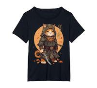 Chat Drôle Chaton Ninja Samouraï Japonais T-Shirt, Femme Grandes Tailles, Noir, 5X