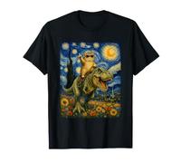 Chat drôle chevauchant Un Dinosaure Van Gogh Nuit étoilée Art T-Shirt