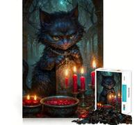 Chat du Cheshire sorcière avec Bougies Rouges Puzzle de 1000 pièces pour Adultes Jeu Stimulant l'esprit Surface Lisse sans bavures Passe-Temps Fascinant pour Les Moments de détente (38x26cm)
