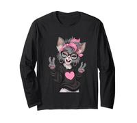 Chat élégant avec Cheveux Roses et Lunettes Motif Signe de Paix Manche Longue