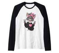Chat élégant avec Cheveux Roses et Lunettes Motif Signe de Paix Manche Raglan
