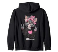 Chat élégant avec Cheveux Roses et Lunettes Motif Signe de Paix Sweat à Capuche