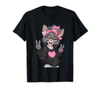 Chat élégant avec Cheveux Roses et Lunettes Motif Signe de Paix T-Shirt