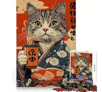 Chat en Kimono avec café Puzzle de 1000 pièces pour Adolescents Jeu de réflexion et d'entraînement Anti-Stress Bords Nets Idée Cadeau pour Les fêtes (38x26cm)