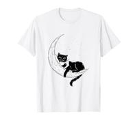 Chat en Train de Lire sur Un Croissant de Lune Rat de bibliothèque Noir Ciel Nocturne T-Shirt