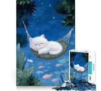 Chat endormi dans Un hamac sous Les étoiles Puzzle de 1000 pièces pour Adultes Renforce la mémoire, apaisement, Divertissement, qualité supérieure, Joli Cadeau 38x52cm