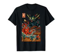 Chat épique vs Octopus Kraken Edo Bay Battle Ukiyo-e Kanji Art T-Shirt