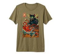 Chat épique vs Octopus Kraken Edo Bay Battle Ukiyo-e Kanji Art T-Shirt Haut de Gamme