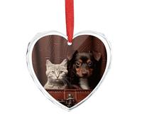 Chat et chien assis dans une poche en cuir - Ornements en cristal pour décoration de sapin de Noël - Pendentif en verre avec ruban rouge - Cadeau de Noël pour la famille et les amis