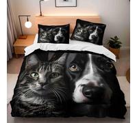 Chat et Chien Housse de Couette 240x260 Parures de Lit 2 Personnes Imprimé 3D Microfibre Douce Animaux Mignons et Animaux de Compagnie Housses Couette avec 2 Taies d'oreiller et Fermeture k.5670