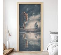 Chat et Tigré Autocollant Porte 3D Animaux Sauvage Affiche Surréaliste Stickers Porte Poster de Porte PVC Auto-adhésif pour Salon Cuisine Chambre Salle de Bain 93x205 cm L4y51
