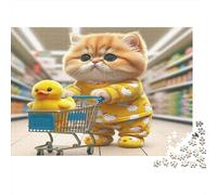 Chat Faisant Ses Courses avec Un Canard Puzzles 1000 Pièces Papier recyclé pour Adultes Puzzle pour Adultes Impossible Difficile Stimulant pour Hommes et pour Femmes 38x26cm/1000pcs