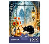 Chat fenêtre château 1000 Pièces Pack Puzzle Cozy Féetale Nook Puzzle Classique Carton Premium - Anti-Stress Déco Murale, Cadeau Femmes Hommes Seniors Passionnés 70x50cm/1000pcs