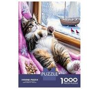Chat fenêtre Douillet 1000 Pièces Coffret Puzzle Confort félin Hivernal Puzzle Premium Carton Solide - DIY Familial Trop Amusant, Belle Déco, Cadeau D’Anniversaire pour Adultes Et Enfants 52x38cm/pcs