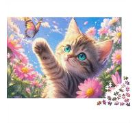 Chat Fleur Papillon Puzzle, 1000 Pcs Jeu D'intérieur Adulte | 52x38cm Carton, Passe-temps Intellectuel, Finition Surface Lisse, Amateurs D'art, Interaction Familiale