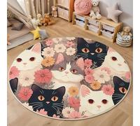 Chat Fleur Tapis Rond 120 Cm Douce Tapis Circulaire Convient pour Le Salon, La Chambre, Cuisine, Bureau, Couloir Animaux Dessins Animés Antidérapant Lavable (Rose)