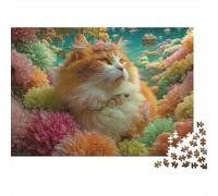 Chat Floral Fantastique, Puzzle 1000 pièces pour Adultes, Chat Duveteux, Fleurs colorées, Stimulant Difficile, Premium épais Robuste, Vibrant, Anti-Stress, 52x38cm/1000pcs