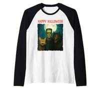 Chat Frankenstein Loup-garou amusant Halloween Trick Treat Selfie Manche Raglan