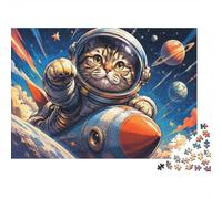 Chat Fusée Espace 1000pcs pour Adultes Mini Puzzle Stimulant | 52x38cm Carton Décor Salon Surface Lisse Cadeau Anniversaire Entraînement Cérébral