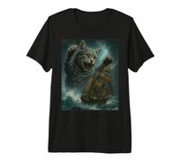 Chat géant en Tant Que Monstre de mer Kraken Attaque Bateau Pirate dans l'océan T-Shirt Haut de Gamme