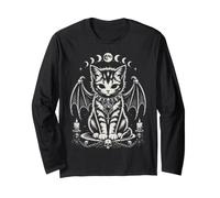 Chat Gothique Ailes de Chauve-Souris Phases de Lune Art Occulte Halloween Femme Manche Longue