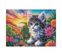 Chat Gris et Blanc à la Bordure de Fleurs 500 Pieces Casse-tête Adulte en Carton sans Déformation Kitten Bloom Sunset Très Difficile Haute Difficulté Anti-Stress Décoration Murale Cadeau Noël Pas Che