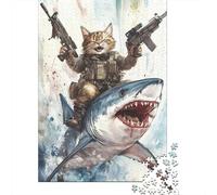 Chat Guerrier Requin Illustration Créative Puzzle 1000 Pièces Papier pour Adultes Scène Originale Focus Détente Décoration Cadeau Famille 70x50cm/1000pcs