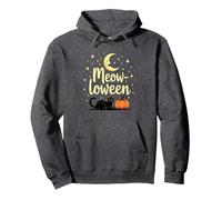 Chat Halloween Miaou-Loween Citrouille Lune Étoiles Amusant Effrayant Sweat à Capuche, Unisexe pour Adultes, Chiné Foncé, L