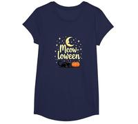 Chat Halloween Miaou-Loween Citrouille Lune Étoiles Amusant Effrayant T-Shirt, Fille, Bleu Marine, S
