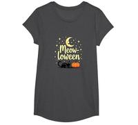 Chat Halloween Miaou-Loween Citrouille Lune Étoiles Amusant Effrayant T-Shirt, Fille, Chiné Foncé, S