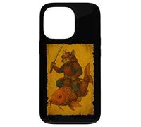 Chat Japonais chevauchant Un Poisson koï Ukiyo-e Samouraï Art sur Bois Coque pour iPhone 13 Pro