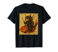 Chat Japonais chevauchant Un Poisson koï Ukiyo-e Samouraï Art sur Bois T-Shirt