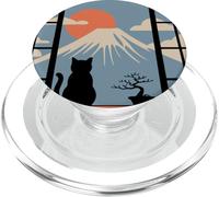 Chat Japonais regardant Le Mont Fuji Coucher de Soleil Calme Kanji Art PopSockets PopGrip pour MagSafe
