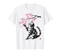 Chat Japonais Sumi-e - Sakura Cherry Blossom Zen Art T-Shirt Graphique avec Valeur