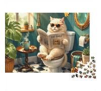 Chat Journal Salle De Bain Puzzle, 1000 Pcs pour Adultes Haute Qualité | 52x38cm Amateurs De Puzzles, Cadeau D'anniversaire, Carton, Réduction Du Stress, Découpe Précise