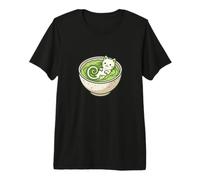 Chat Kawaii dans Un Bol de The Vert Matcha Neko T-Shirt Haut de Gamme