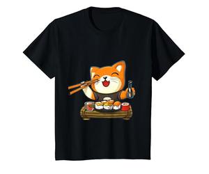 Chat Kawaii Mangeant des sushis T-Shirt, Enfant, Noir, 10 Ans