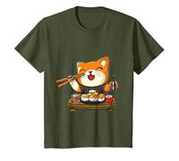 Chat Kawaii Mangeant des sushis T-Shirt, Enfant, Olive, 6 Ans