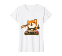 Chat Kawaii Mangeant des sushis T-Shirt, Femme, Blanc, 3XL