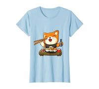 Chat Kawaii Mangeant des sushis T-Shirt, Femme, Bleu Céleste, L