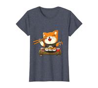 Chat Kawaii Mangeant des sushis T-Shirt, Femme, Bleu Chiné, XL