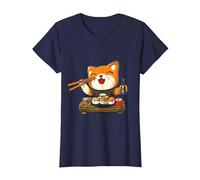 Chat Kawaii Mangeant des sushis T-Shirt, Femme, Bleu Marine, S