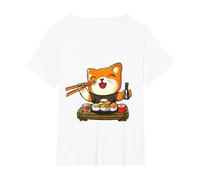 Chat Kawaii Mangeant des sushis T-Shirt, Femme Grandes Tailles, Blanc, 4X
