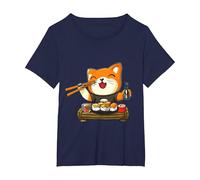 Chat Kawaii Mangeant des sushis T-Shirt, Femme Grandes Tailles, Bleu Marine, 6X
