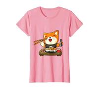 Chat Kawaii Mangeant des sushis T-Shirt, Femme, Rose, L