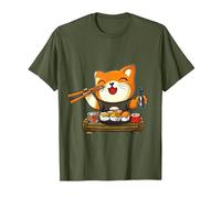 Chat Kawaii Mangeant des sushis T-Shirt, Homme, Olive, 3XL