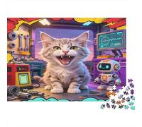 Chat Laboratoire Créatif Puzzle 1000 Pièces Papier Puzzle pour Adultes Jeu de Puzzle Robot Technologie Scène détente Concentration décoration Maison Cadeau 52x38cm/1000pcs