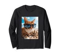 Chat Le Plus Cool dans des Lunettes de Soleil avec Ambiance de Plage Amusante de château de Sable Manche Longue