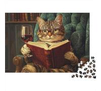 Chat Lecteur Puzzle 1000 Pièces pour Adultes Papier Bibliothèque en Arrière Plan Puzzle en Famille Cadeau 38x26cm/1000pcs