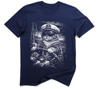 Chat Marin Navigateur Dirigeant Navire Graphique T-Shirt (L, Bleu)